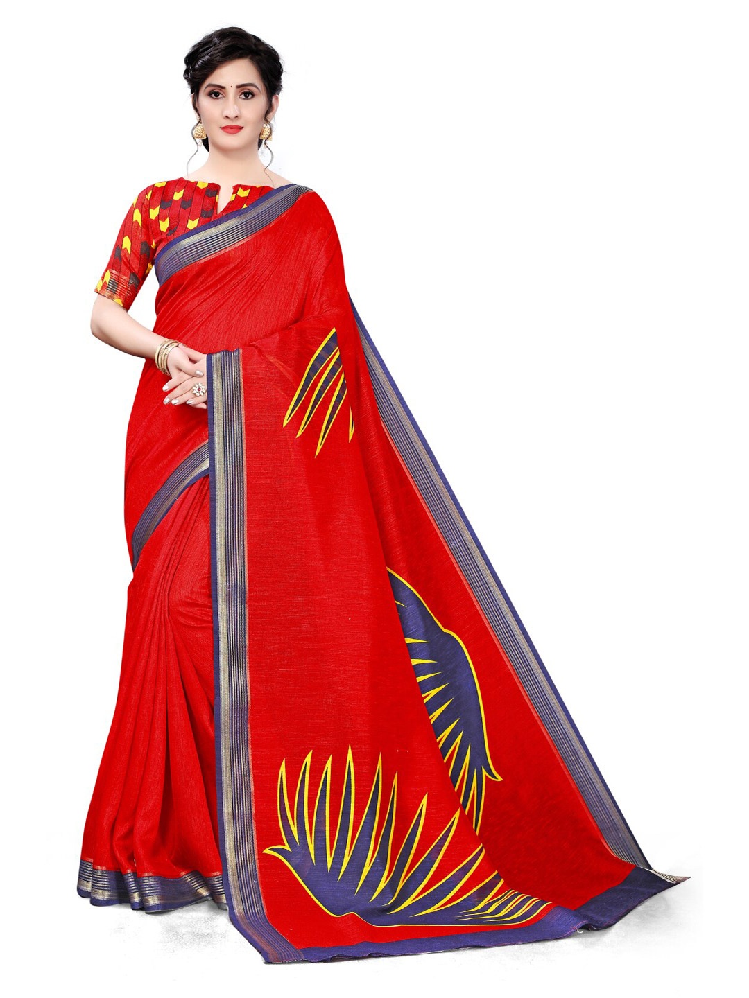 

KALINI Floral Printed Zari Silk Cotton Saree, Red