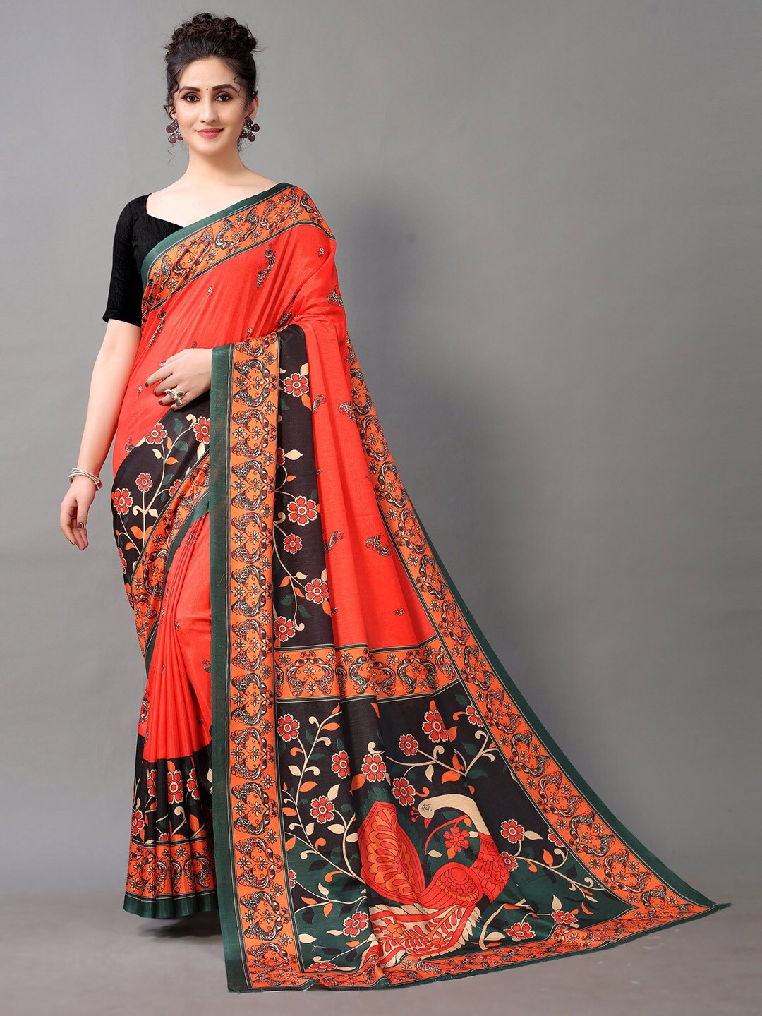 KALINI Red Floral Printed Poly Georgette Saree