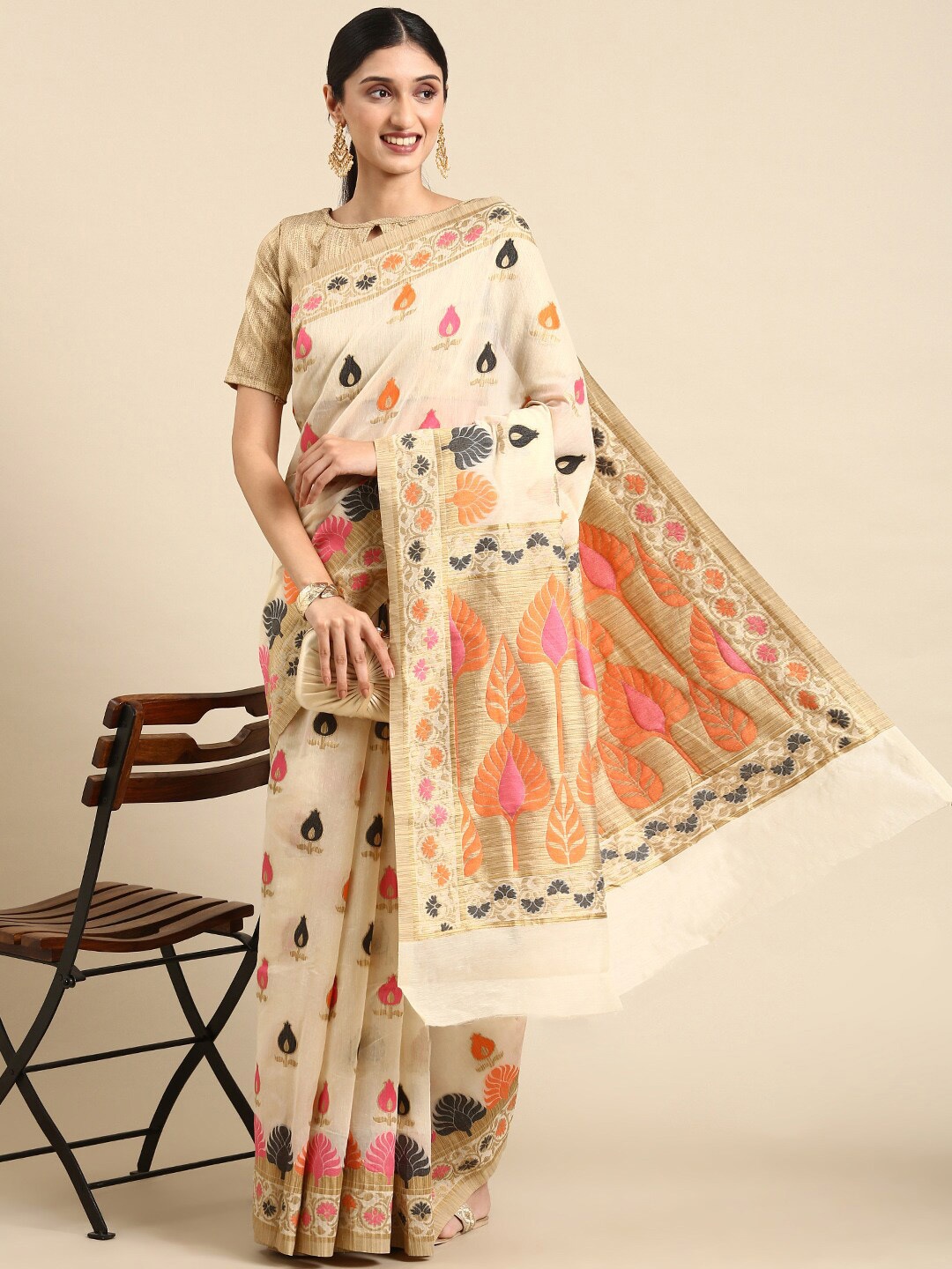 

KALINI Floral Woven Design Zari Silk Cotton Saree, Beige