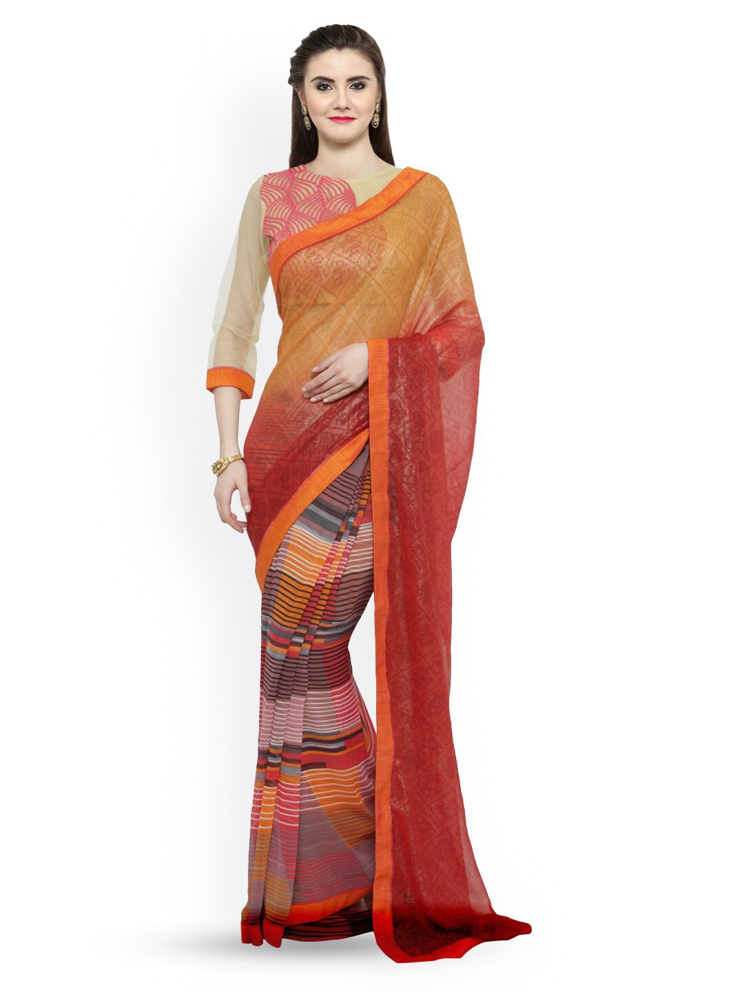 

KALINI Ethnic Motifs Printed Embellished Georgette Saree, Peach