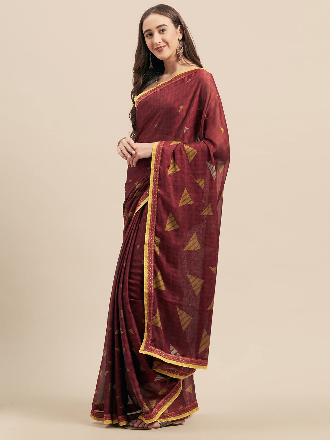 

KALINI Geometric Printed Georgette Saree, Maroon