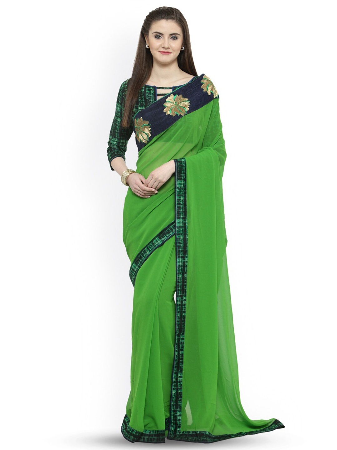 

KALINI Saree With Embroidered Border, Green