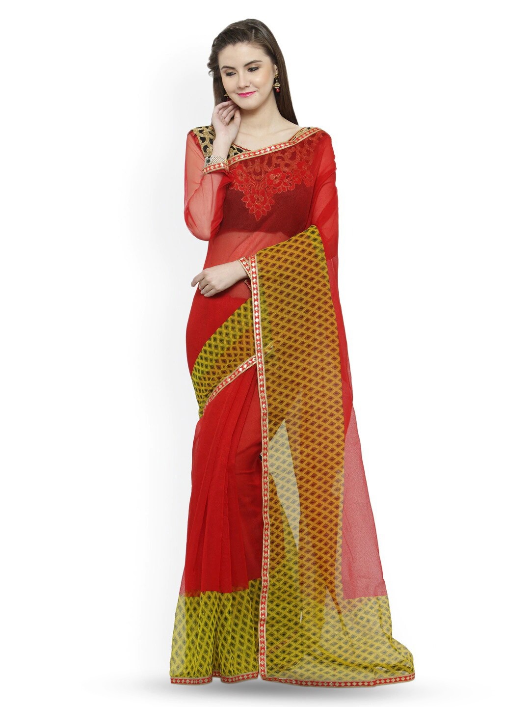 

KALINI Geometric Printed Embroidered Net Saree, Red