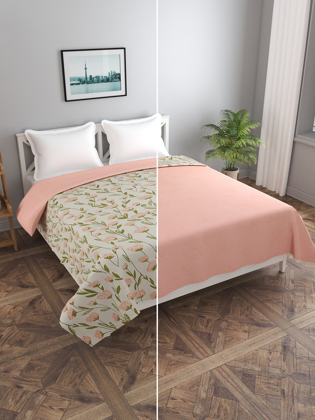

MORADO Peach Coloured & Green Printed Reversible Double Queen Duvet Cover