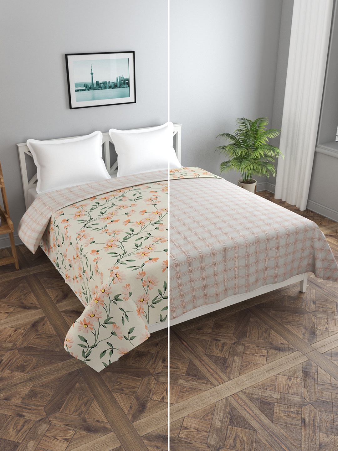

MORADO Beige & Peach Floral Printed & Checked Double Size Bed Reversible Duvet Cover