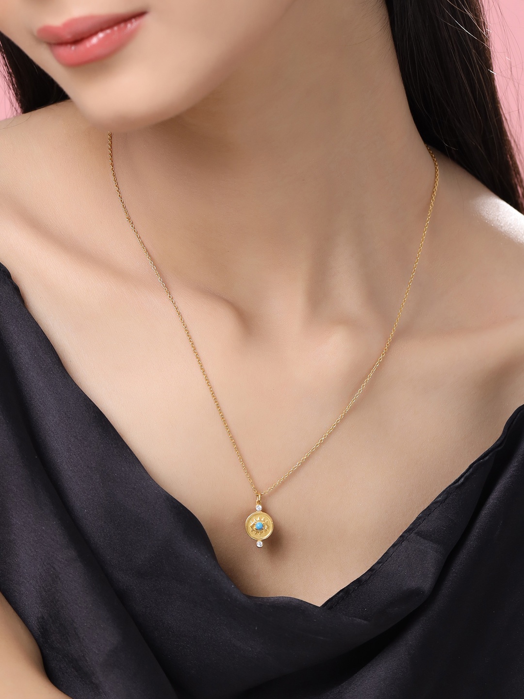 

Kicky And Perky 92.5 Sterling Silver Gold-Plated Evil Eye Shaped Pendant & Chain