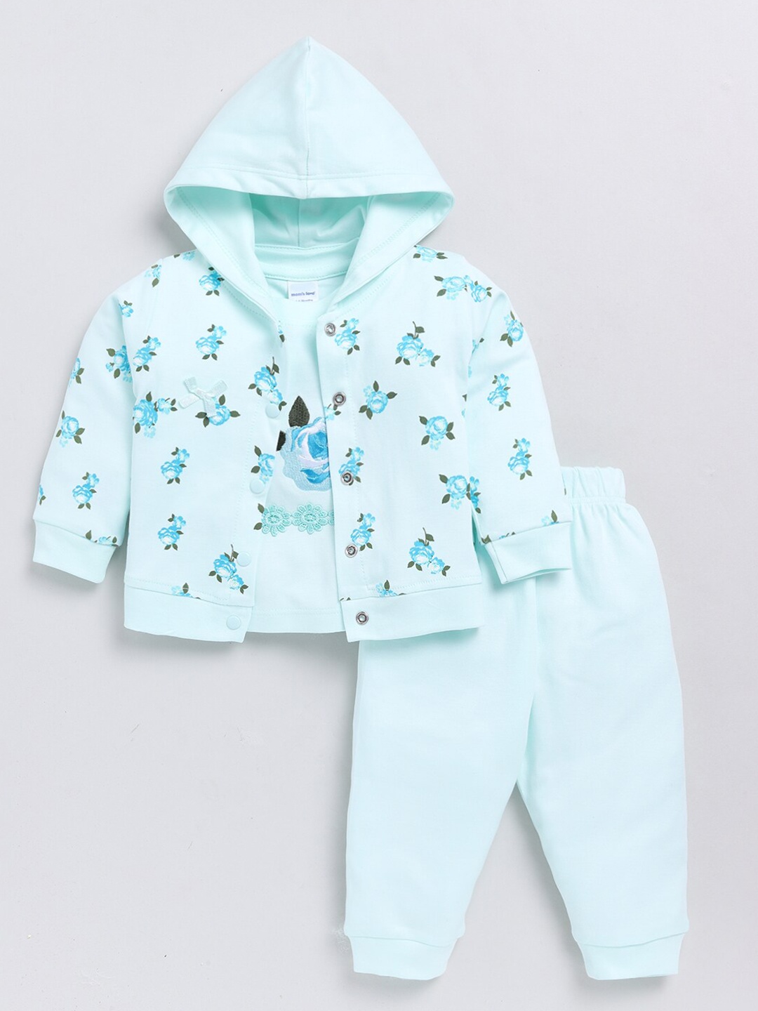 

Moms Love Girls Graphic Printed Hooded Shirt with Trousers, Sea green