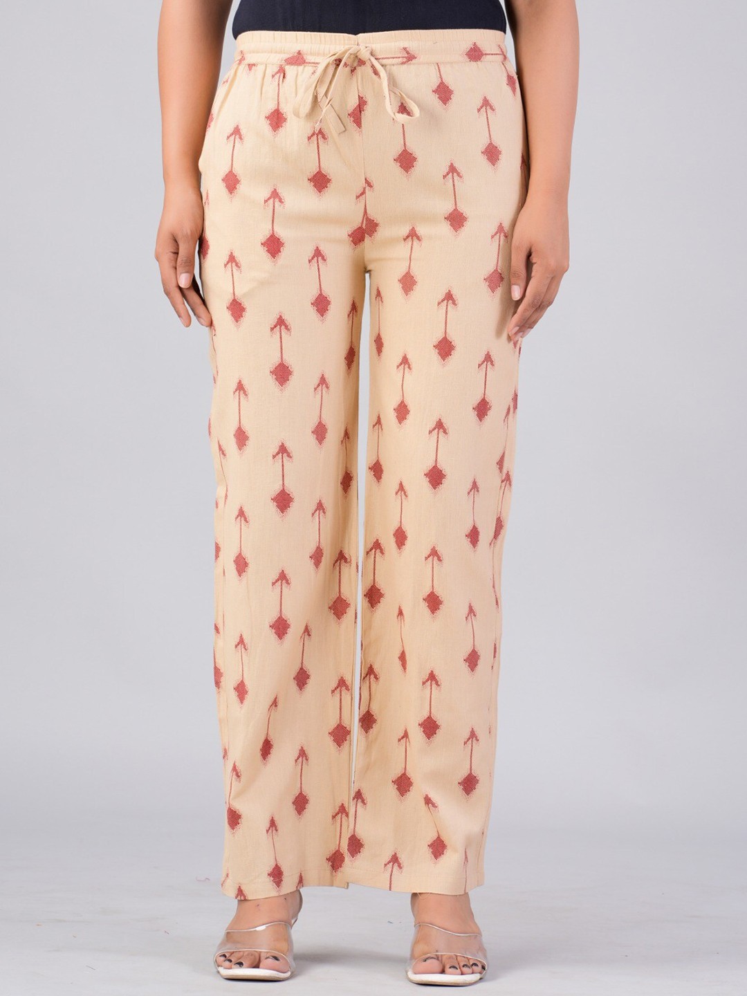 

MAUKA Floral Printed Straight Fit Cotton Palazzo, Beige