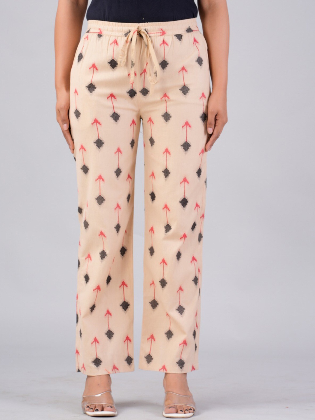 

MAUKA Floral Printed Straight Fit Cotton Palazzo, Beige