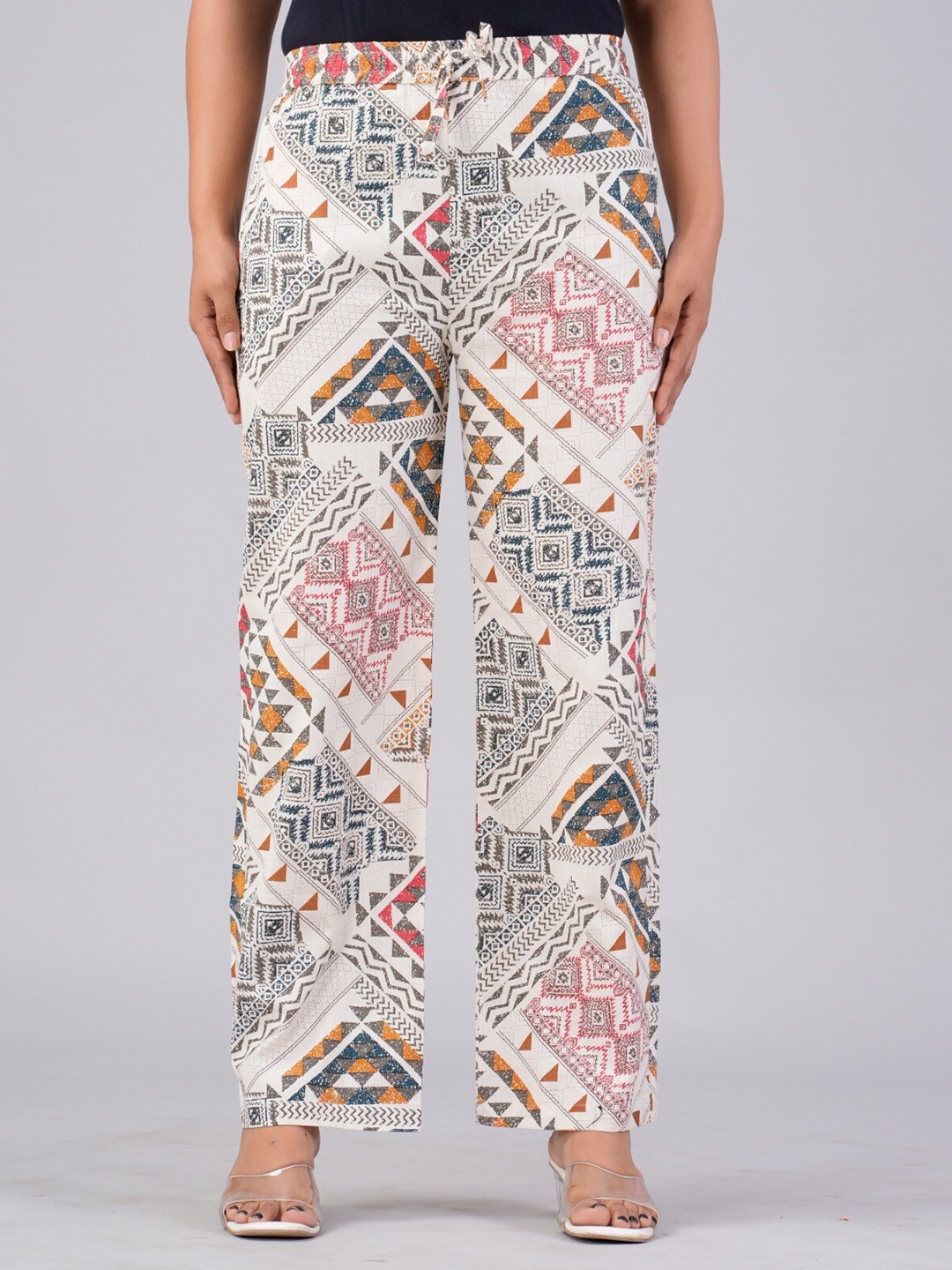 

MAUKA Women Ethnic Motif Printed Cotton Straight Palazzos, Beige