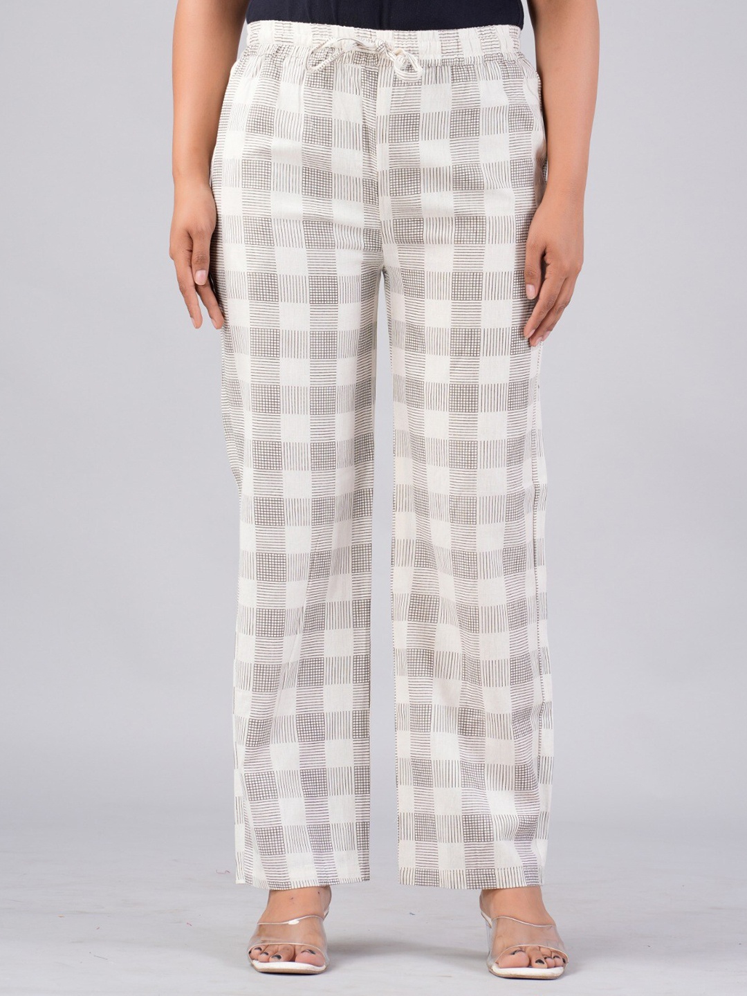 

MAUKA Checked Straight Fit Cotton Palazzo, Beige