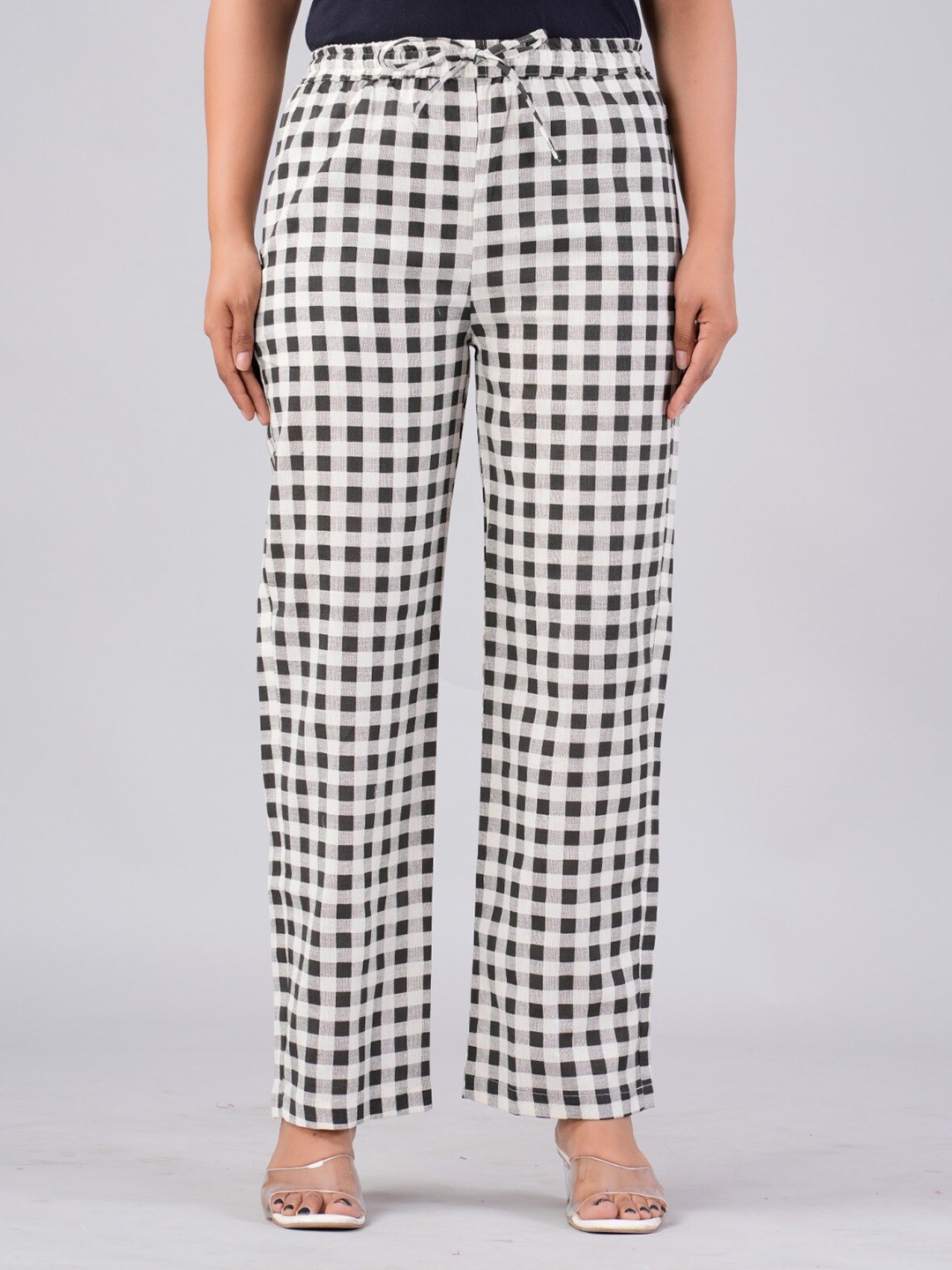 

MAUKA Checked Straight Fit Cotton Palazzo, Beige