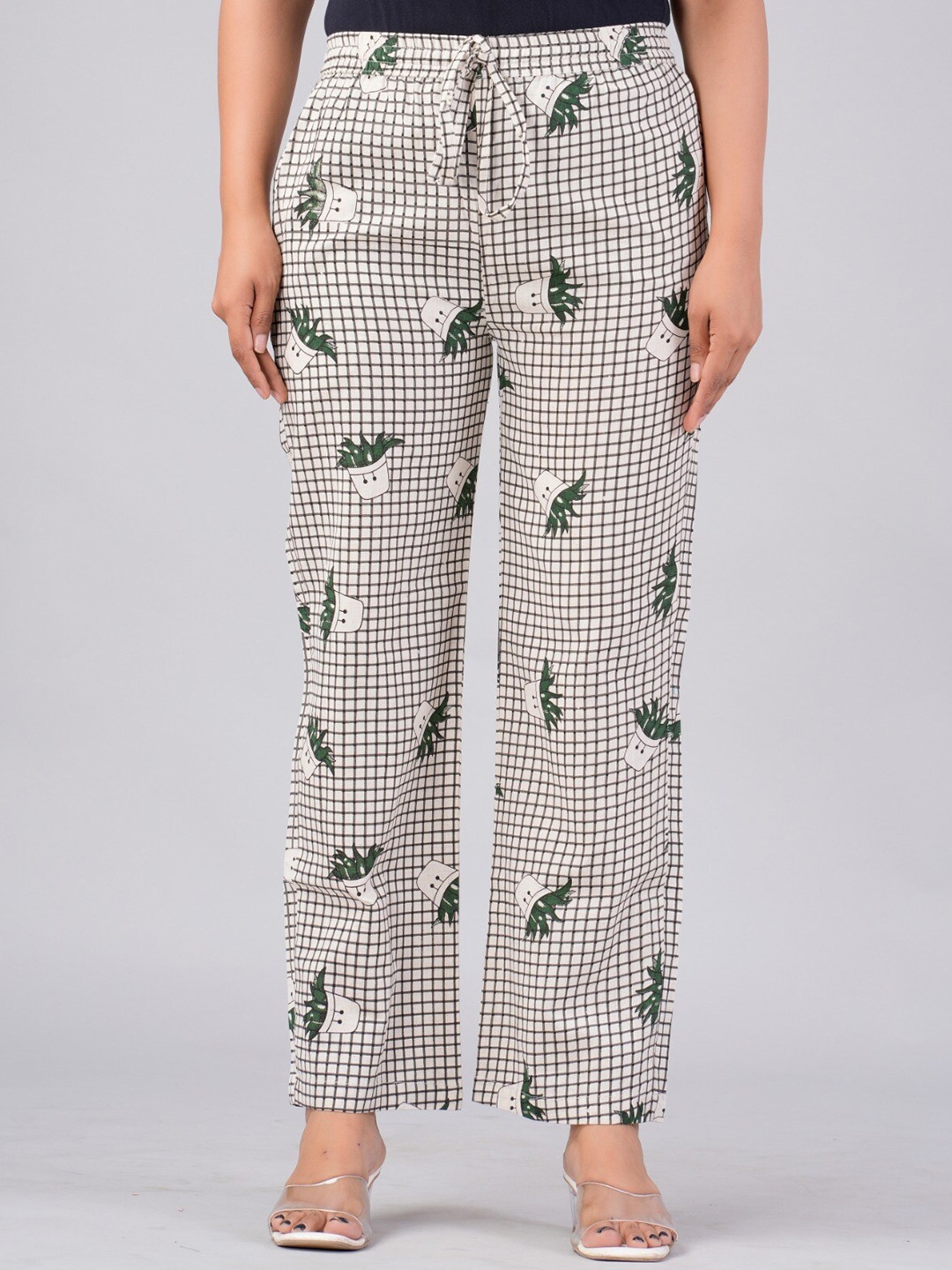 

MAUKA Women Graphic Printed Cotton Straight Palazzos, White