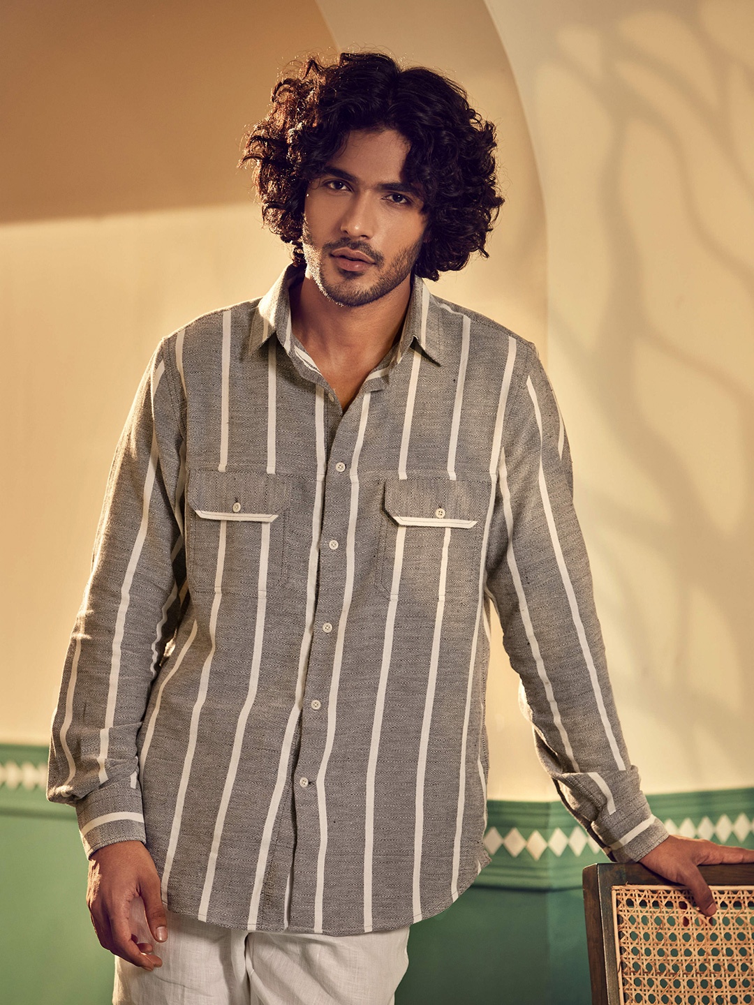 

Earthpiece Classic Fit Striped Pure Cotton Casual Shirt, Grey