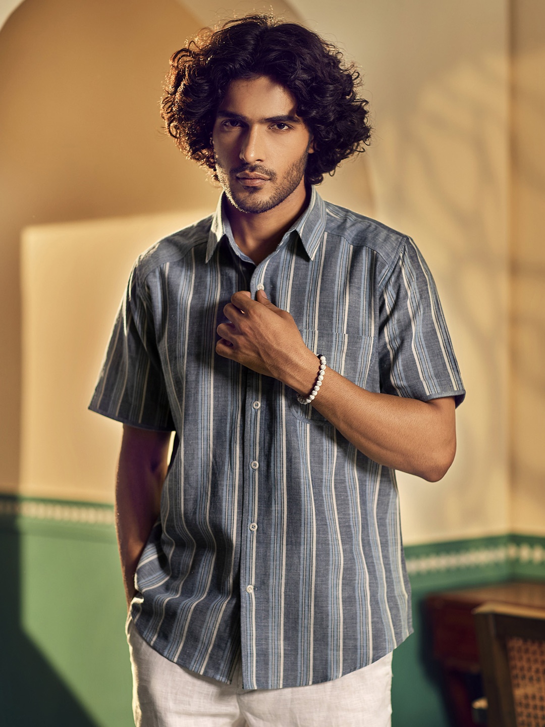 

Earthpiece Relaxed Striped Pure Cotton Casual Shirt, Blue