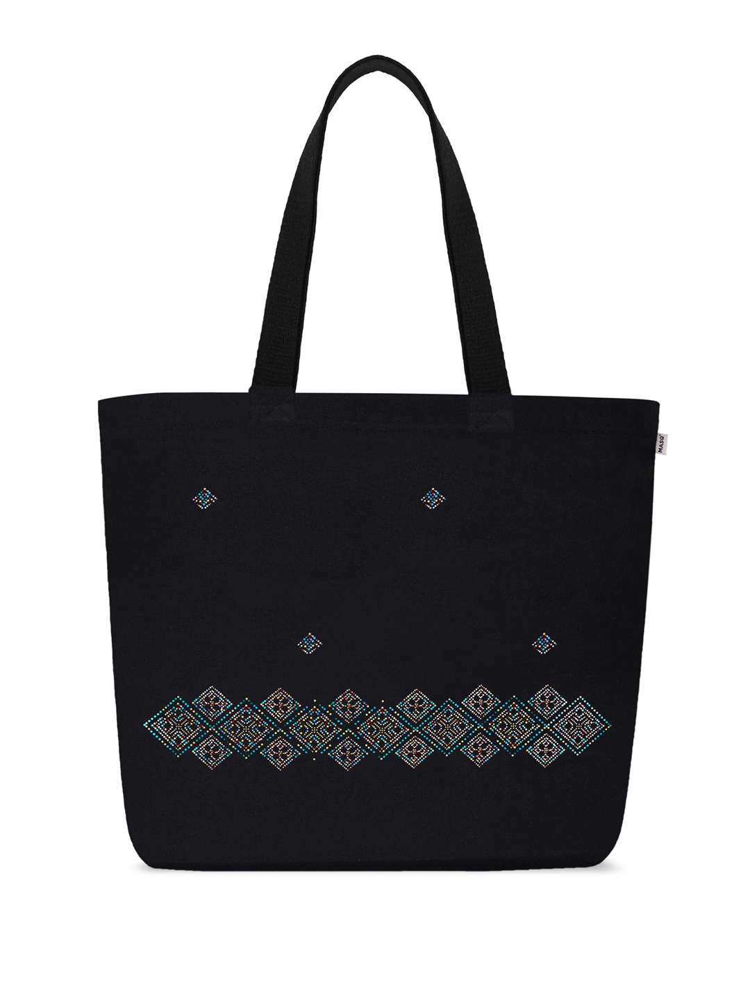 

MASQ Ethnic Motifs Embellished Structured Tote Bag, Black