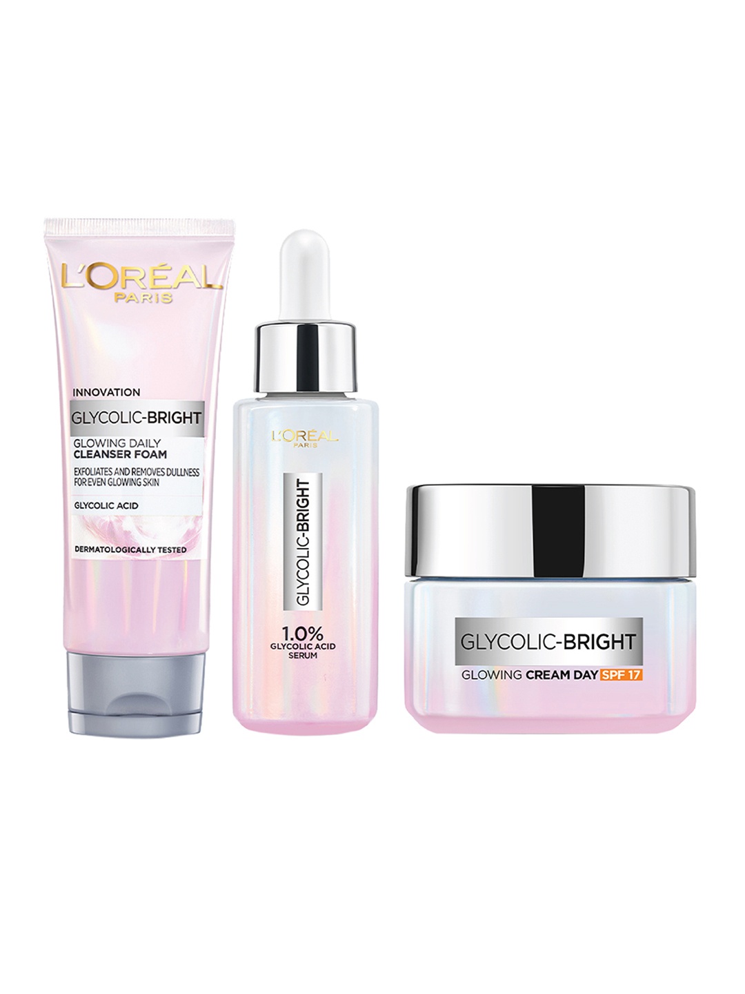 

LOreal Paris Glycolic Bright Regime Combo-Cleanser 50ml + Face Serum 15ml + Day Cream 15ml, Pink