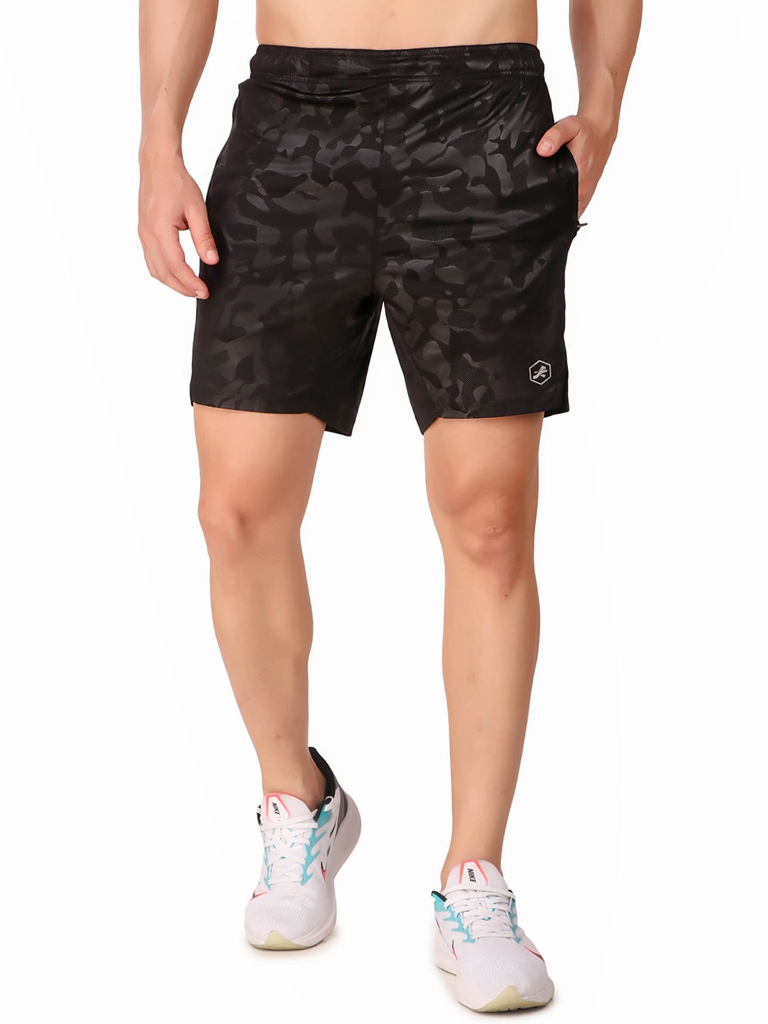 

REDESIGN Men Mid-Rise Camouflage Printed Sports Shorts, Black