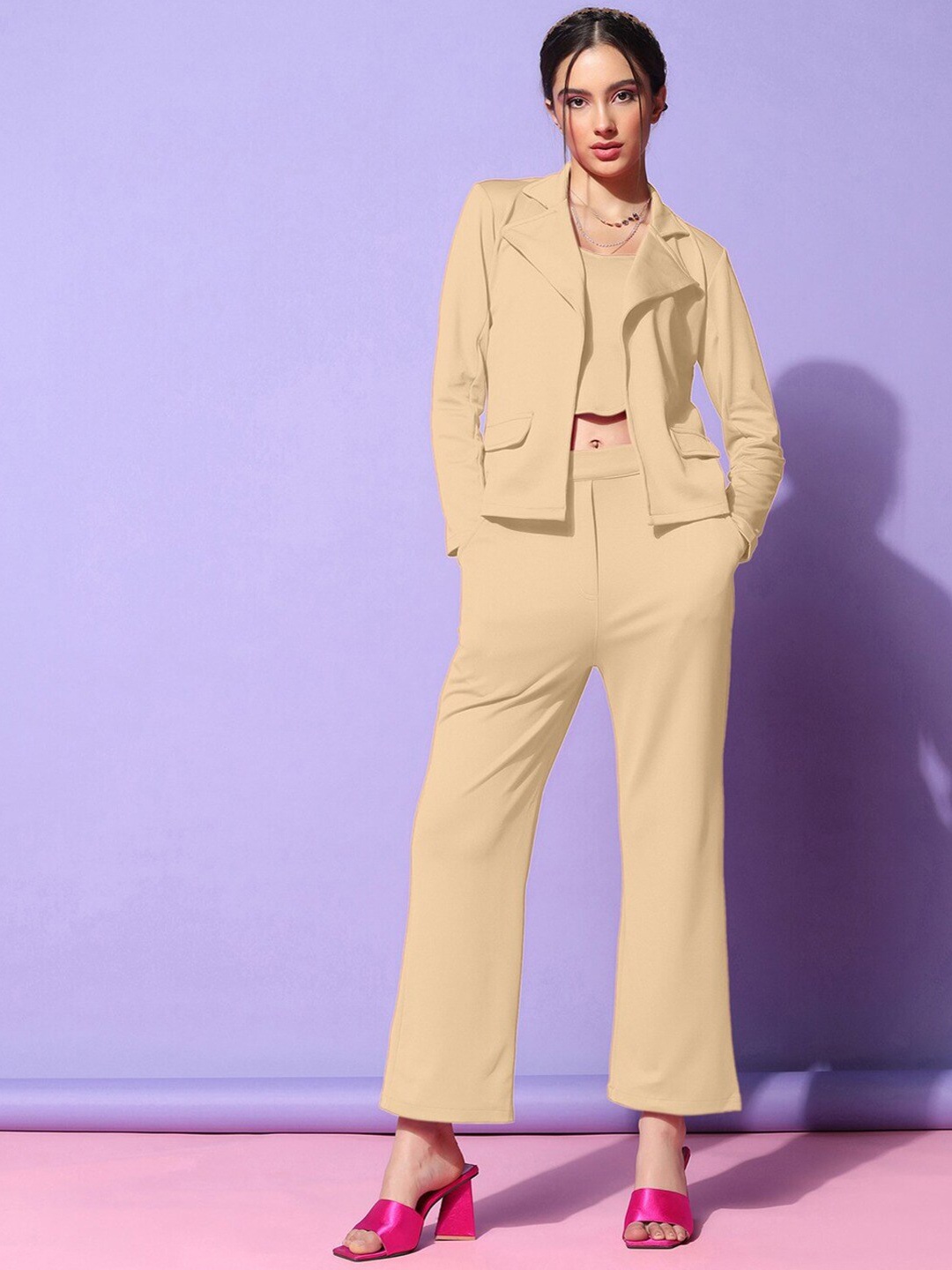 

Ziva Fashion Round Neck Top & Flared Trouser With Blazer, Beige