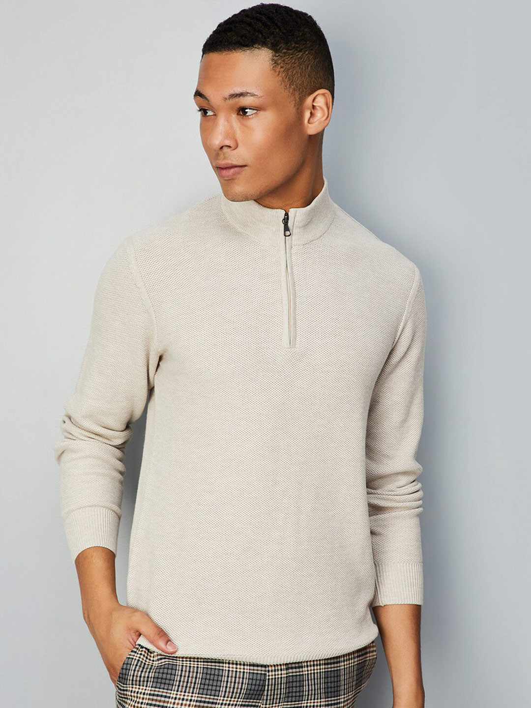 

max Mock Collar Cotton Pullover Sweater, Beige