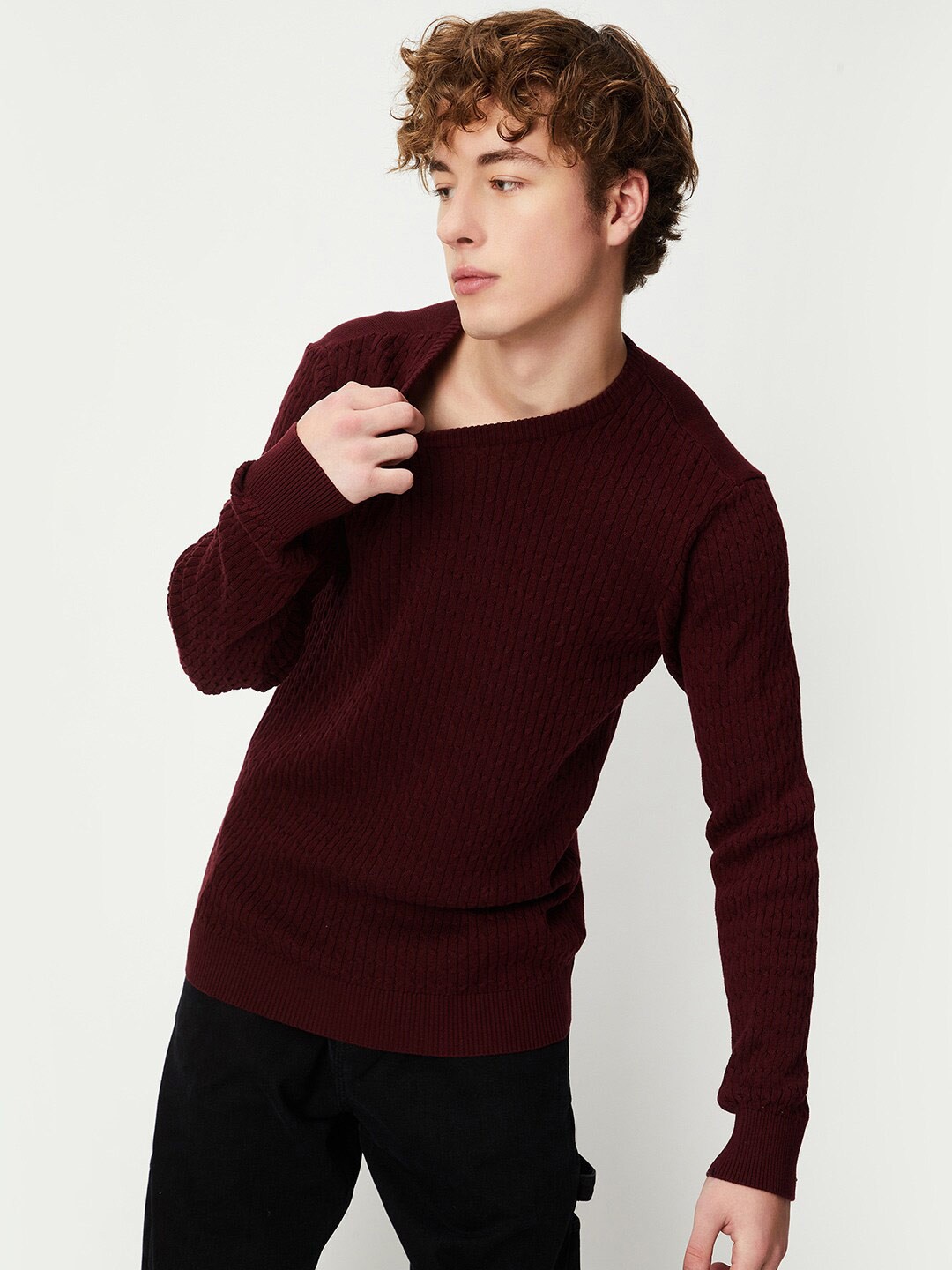 

max Cable Knit Self Design Pullover, Maroon