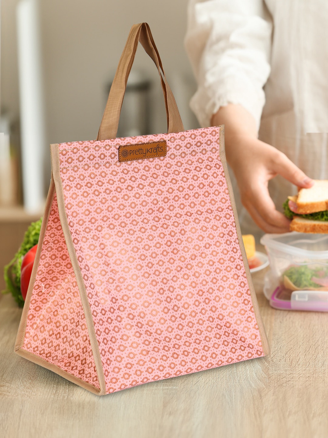 

prettykrafts Set Of 2 Geometric Printed Lunch Bag with Easy-To-Carry Handles, Pink