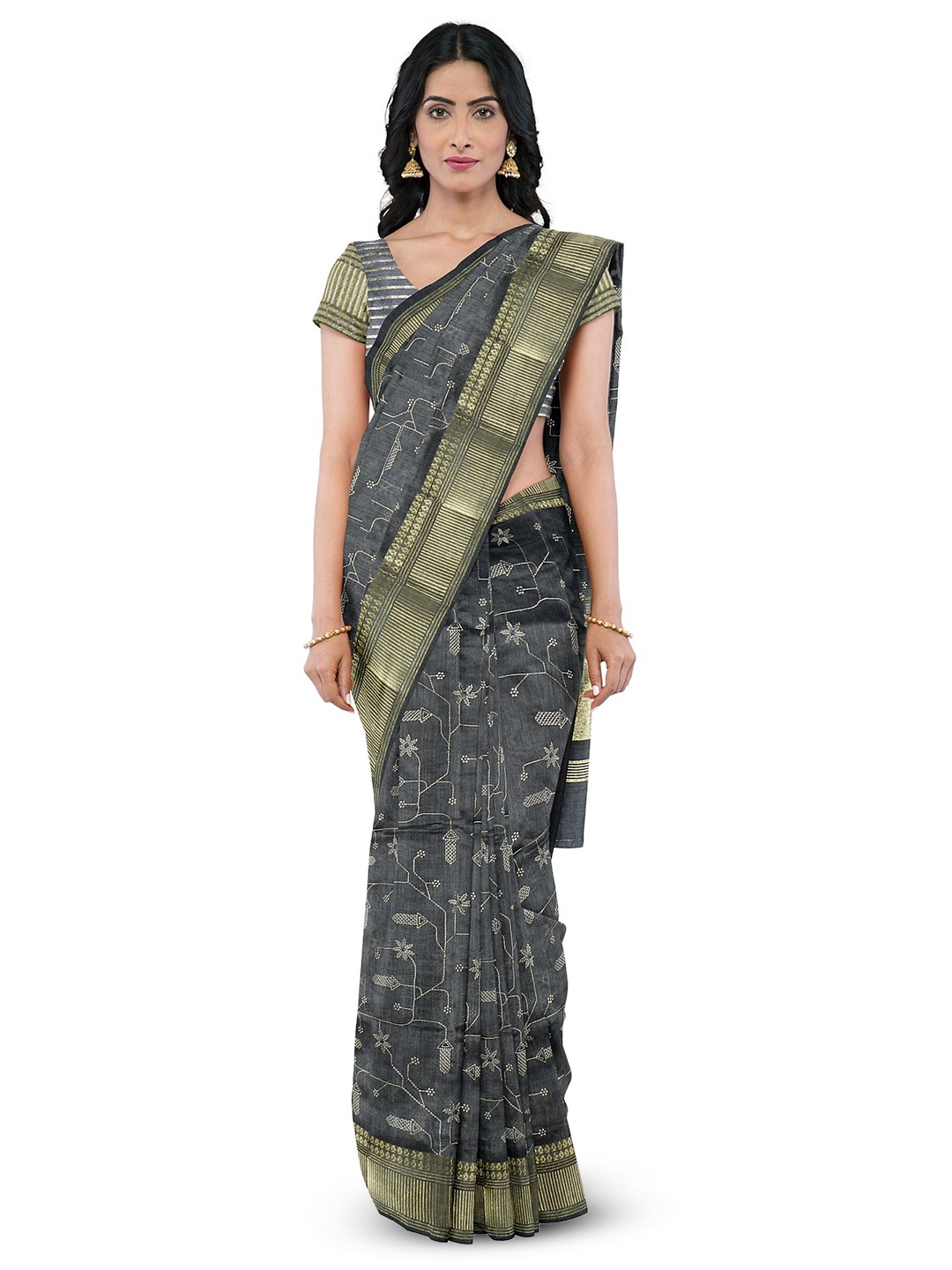 

KAJREE Floral Embroidered Zari Tussar Saree, Grey