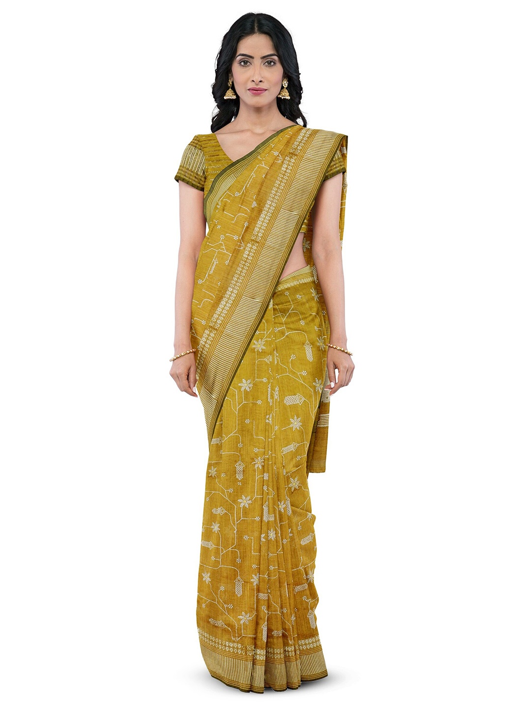 

KAJREE Floral Embroidered Zari Tussar Saree, Mustard