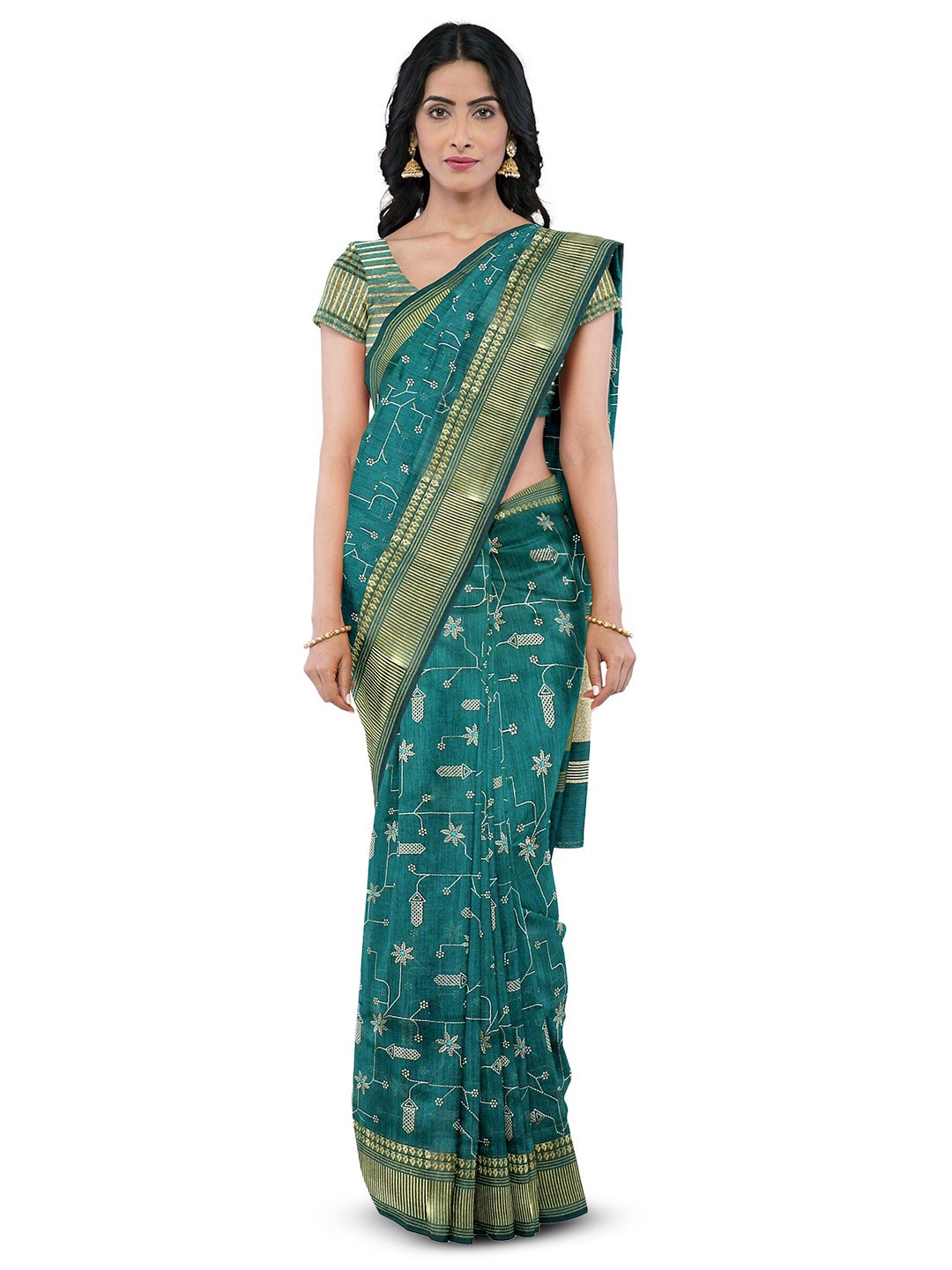 

KAJREE Ethnic Motifs Embroidered Zari Detail Saree, Green
