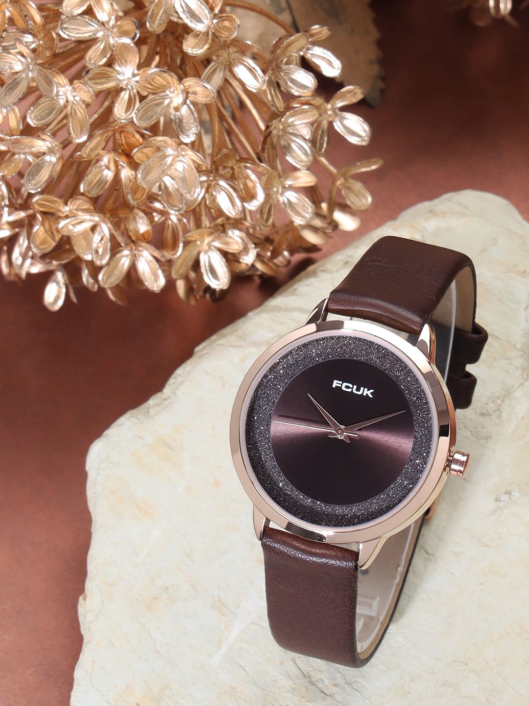 

FCUK Women Embellished Dial & Leather Straps Analogue Watch FK00025E, Brown