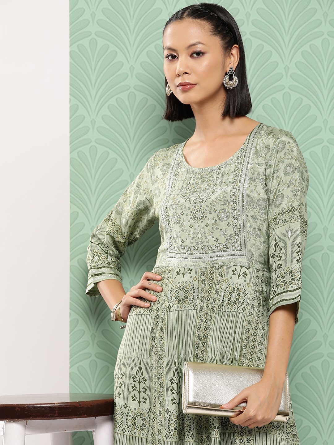 

Juniper Floral Printed Sequined Maxi Ethnic Dress, Olive