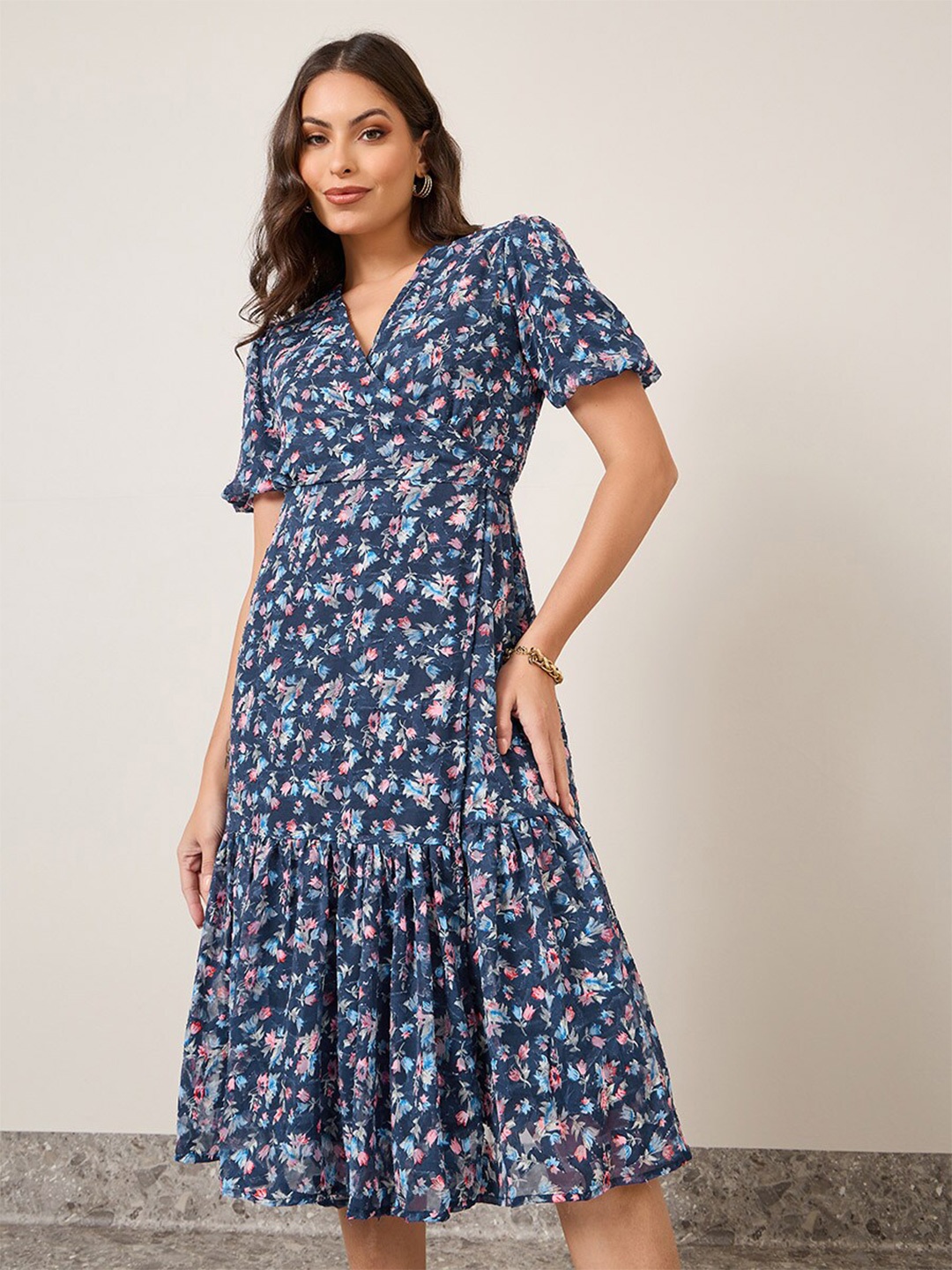 

Styli Navy Blue Floral Printed V-Neck Puff Sleeves Wrap Midi Dress