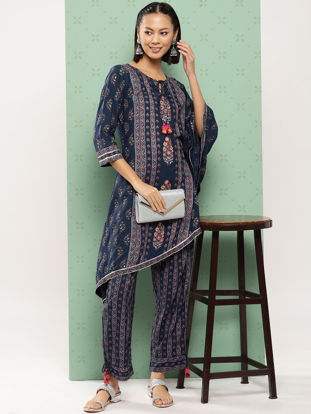 

Juniper Women Ethnic Motifs Printed Regular Gotta Patti Kurta with Trousers, Navy blue