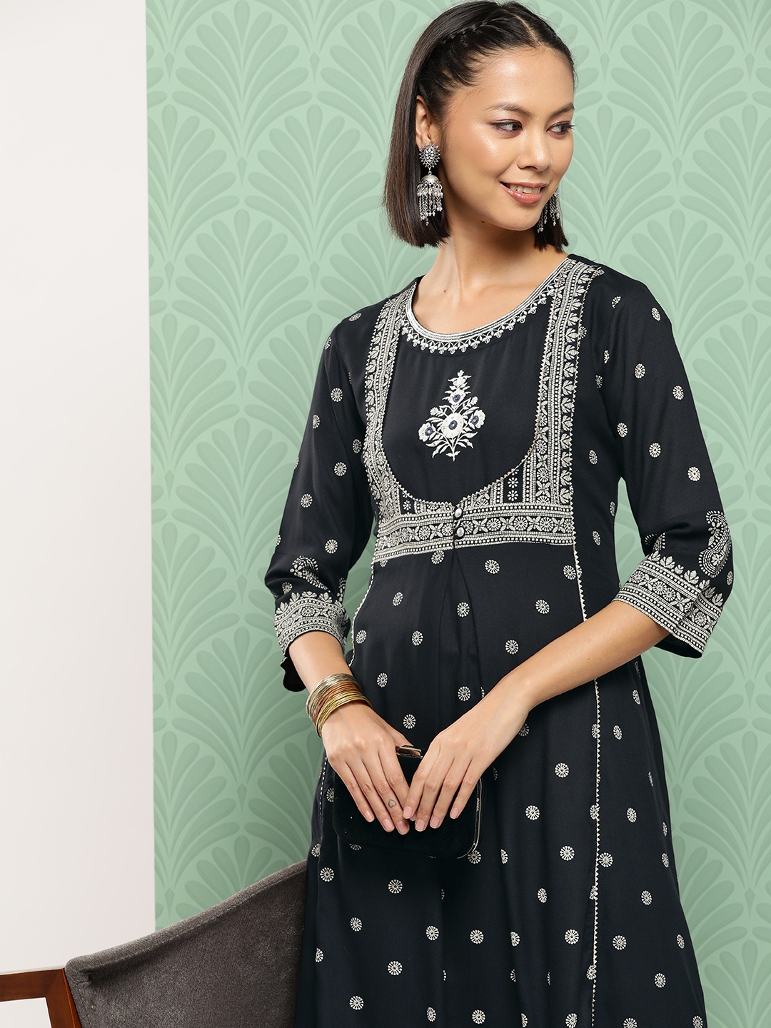 

Juniper Ethnic Motifs Printed A-Line Dress, Blue