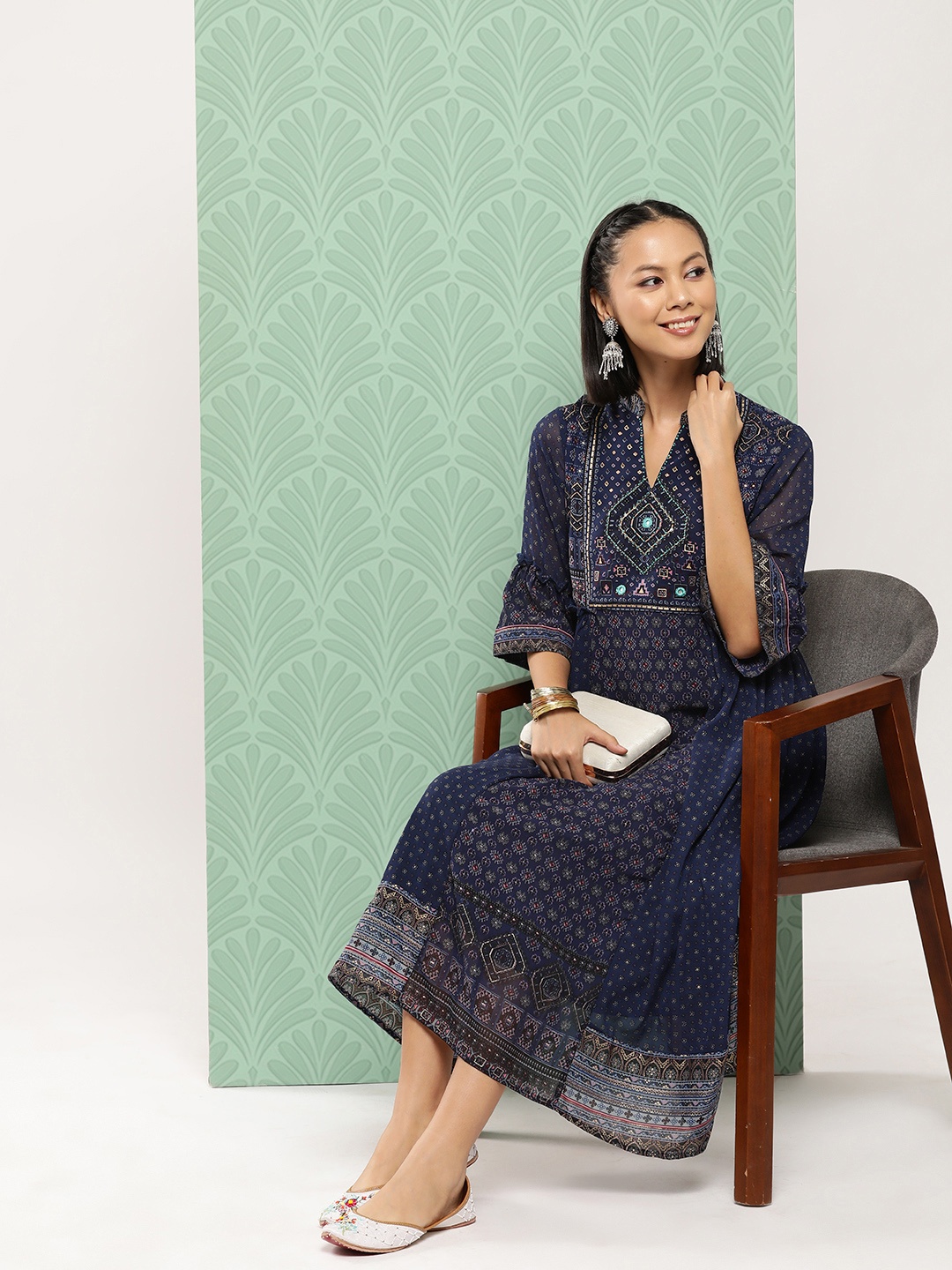 

Juniper Ethnic Motifs Printed Embellished A-Line Dress, Blue