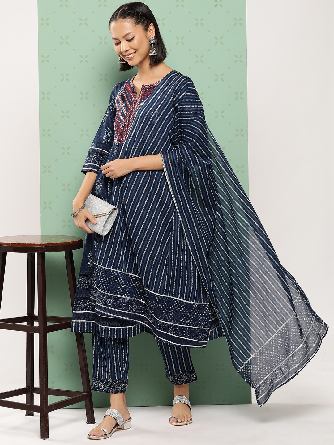 

Juniper Women Ethnic Motifs Printed Empire Mirror Work Kurta with Trousers & With Dupatta, Blue