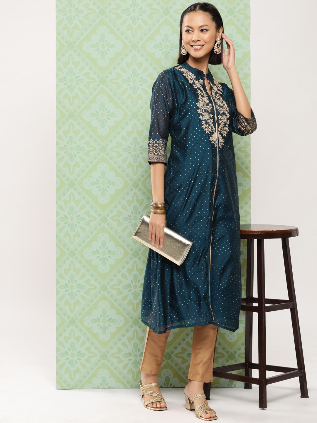 

Juniper Women Floral Embroidered A-Line Kurta, Blue