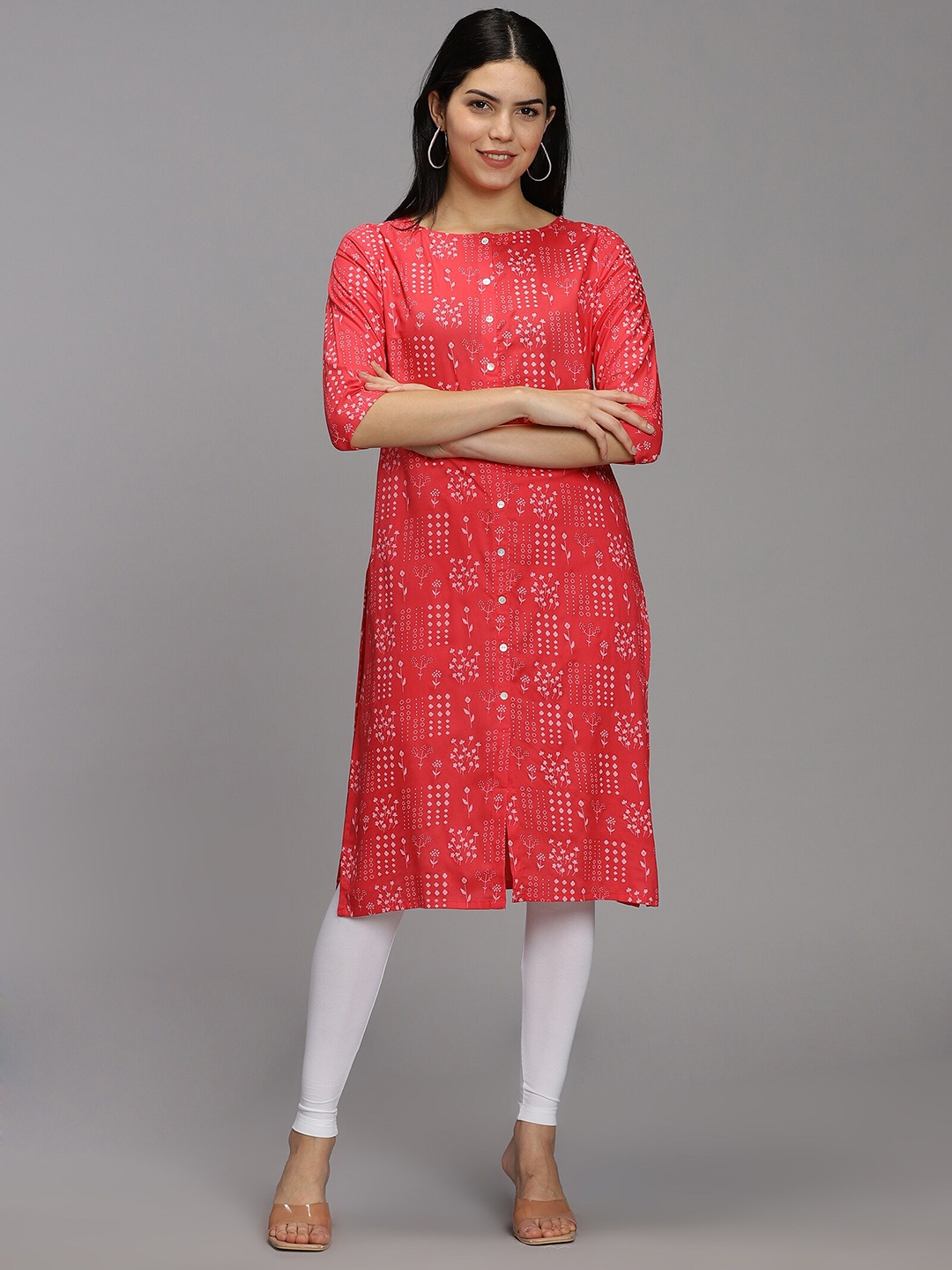 

HAY Ethnic Motifs Printed Thread Work Liva Kurta, Red
