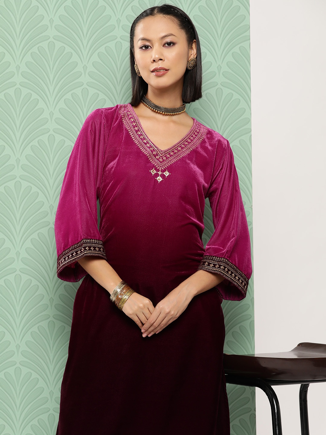 

Juniper Women Ombre Embroidered Regular Sequinned Velvet Kurta with Trousers, Purple