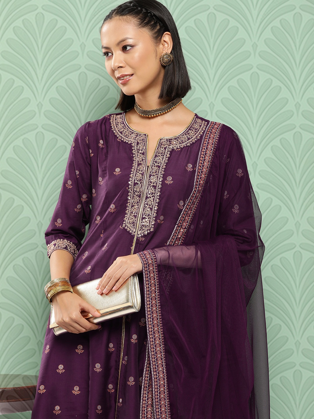 

Juniper Women Ethnic Motifs Printed Sequinned Kurta with Trousers & With Dupatta, Purple