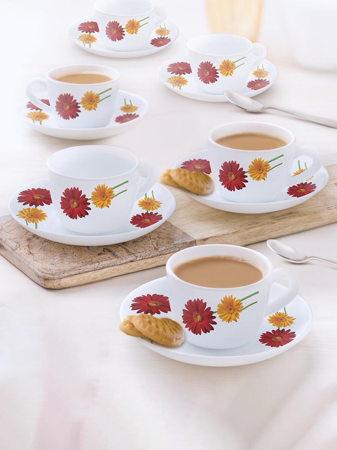 

Larah by BOROSIL White & Red 12 Pcs Printed Opalware Glossy Cups and Saucers-140 ML Each