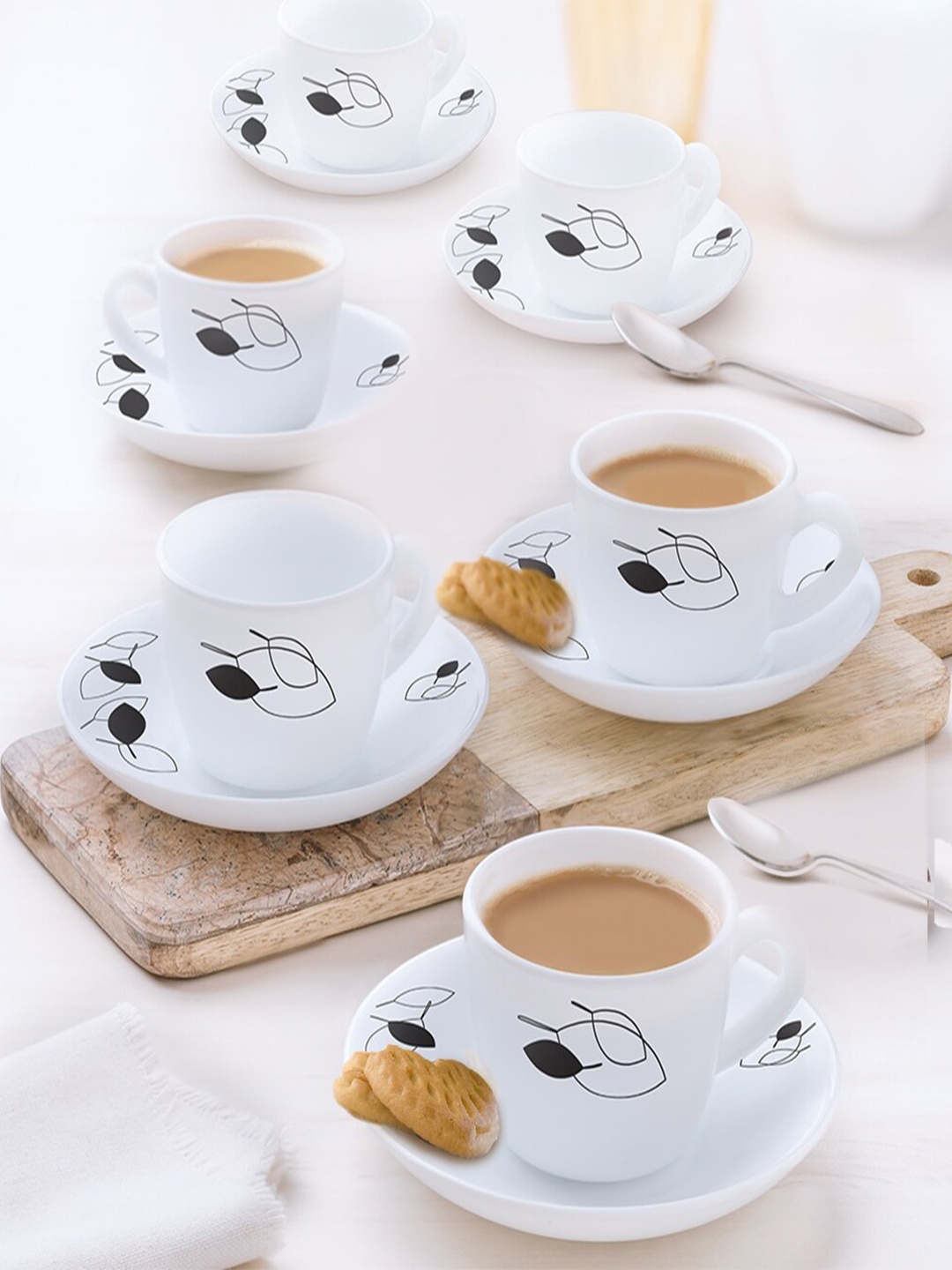 

Larah by BOROSIL Shadow White 12 Pieces Opalware Cups and Saucers 140 ml Each
