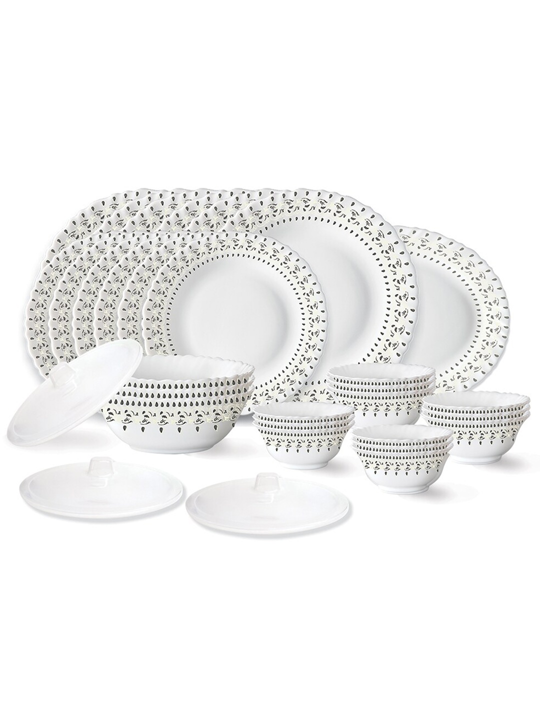 

Larah by BOROSIL White & Black 31 Pieces Ethnic Motifs Printed Opalware Glossy Dinner Set