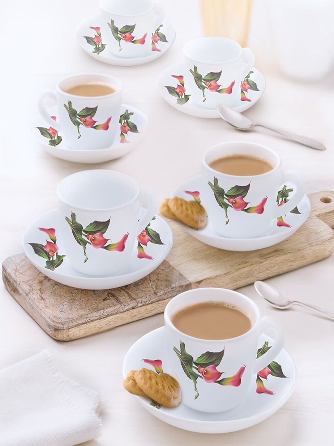 

Larah by BOROSIL White & Green 12 Pcs Printed Opalware Glossy Cups and Saucers-140 ML Each, Multi