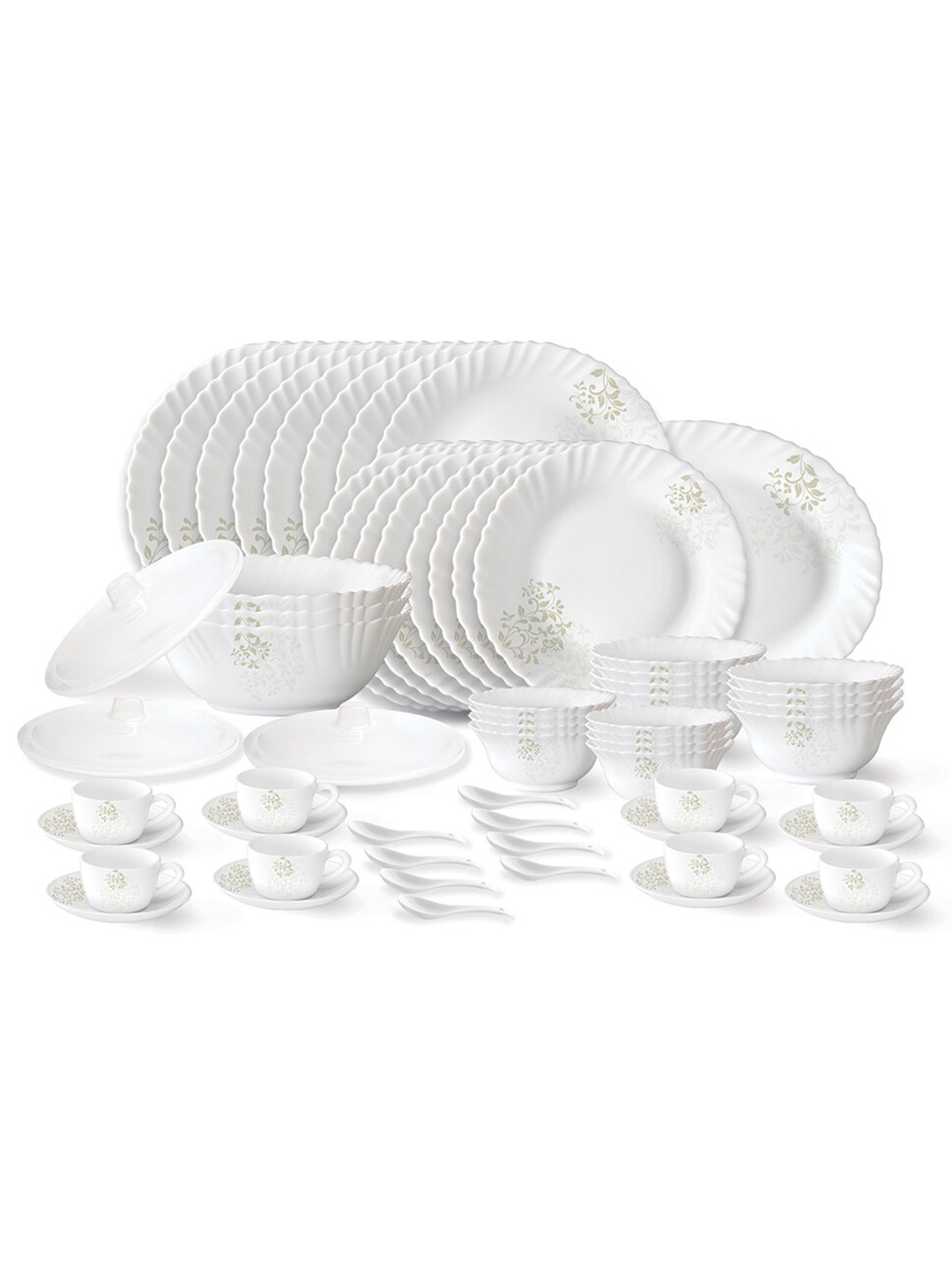 

Larah by BOROSIL 63 pcs Fluted Ingot Plates & Bowls Crockery Dinner Set, White