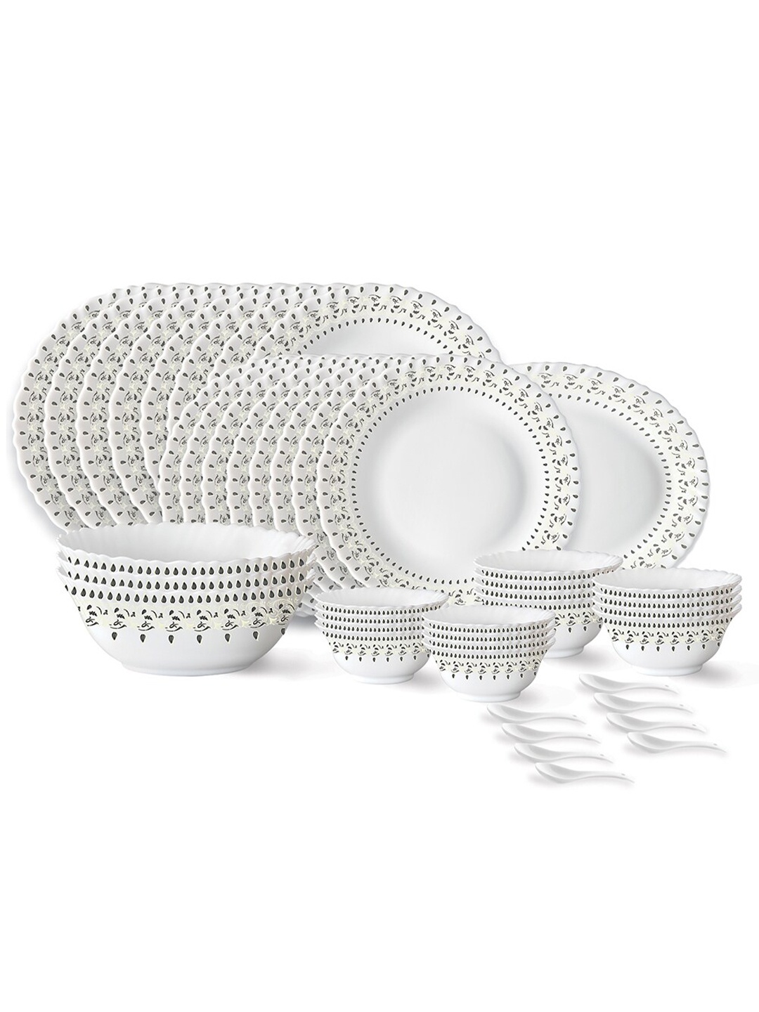 

Larah by BOROSIL Fluted Ora White & Black 44 Pieces Printed Opalware Glossy Dinner Set