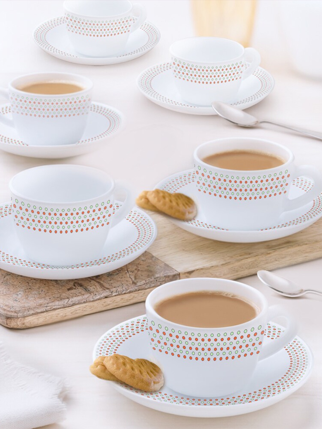 

Larah by BOROSIL Waltz White 12 Pieces Printed Opalware Matte Cups and Saucers 140 ml Each