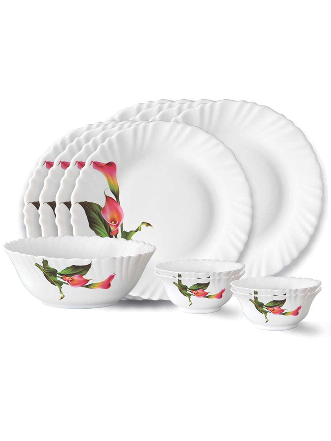 

Larah by BOROSIL White & Green 13 Pieces Floral Printed Opalware Glossy Dinner Set