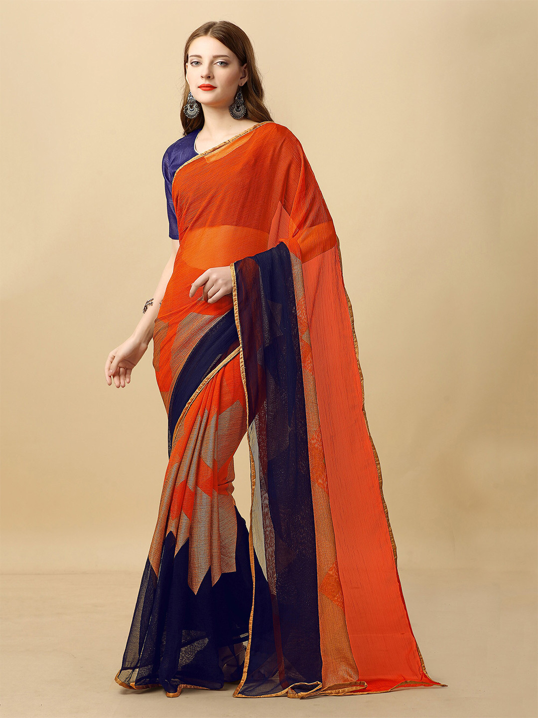 

UNITED LIBERTY Geometric Printed Saree, Orange