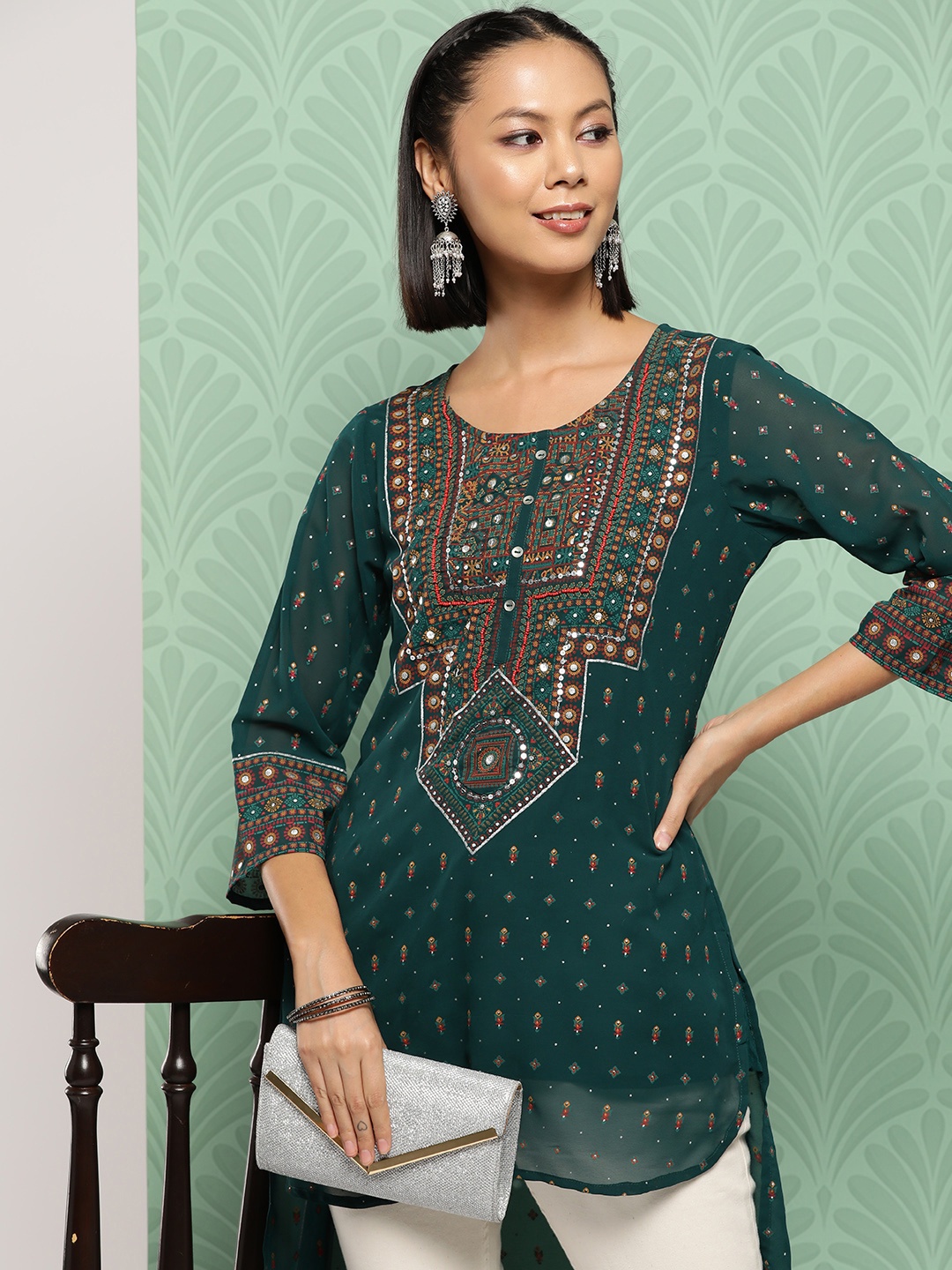 

Juniper Women Ethnic Print Embroidered Tunic, Green